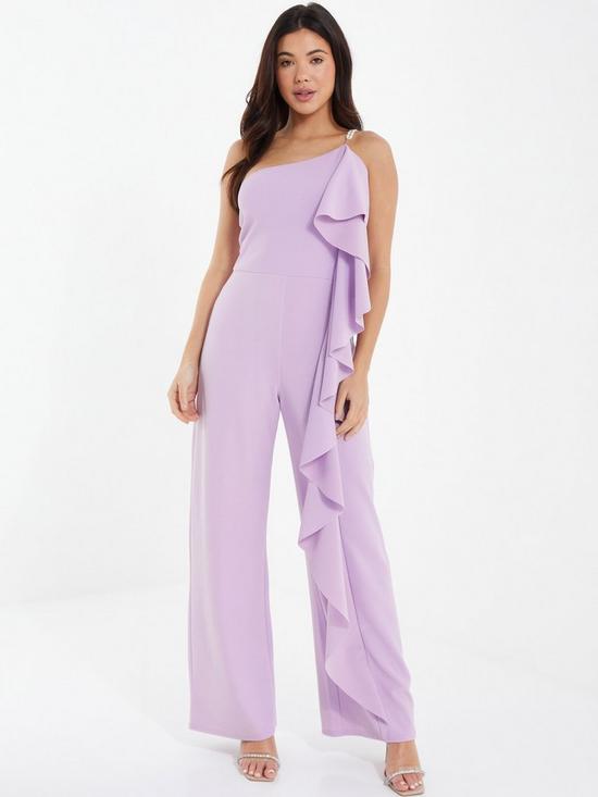 front image of quiz-one-shoulder-frill-palazzo-jumpsuit-light-purple