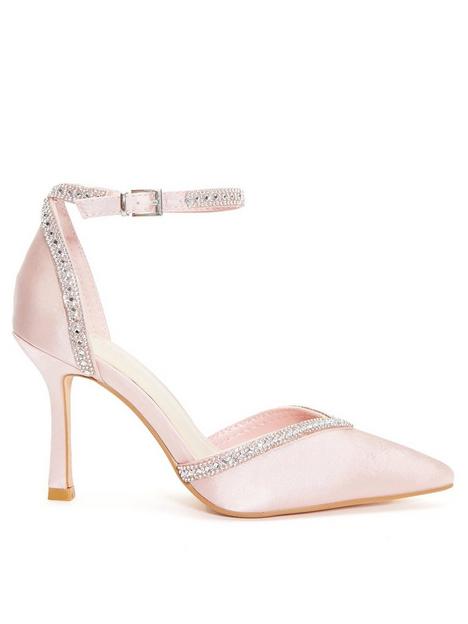 quiz-satin-diamante-trim-court-heels-light-pink