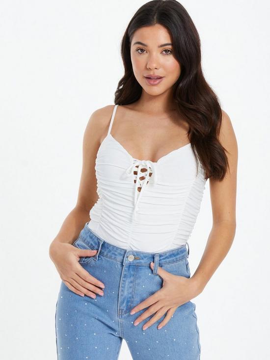 front image of quiz-lace-up-ruched-bodysuit