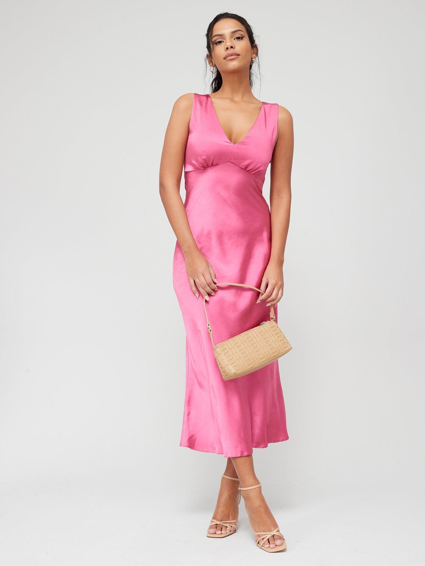 Pink V Neck Straight Satin Dress main image 0