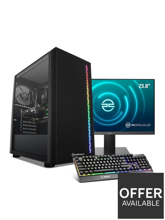 front image of pcspecialist-fusion-r5l-gaming-desktop-bundle-amd-ryzen-5nbsp16gb-ramnbsp1tb-ssd-24in-fhd-monitornbspkeyboard-and-mouse