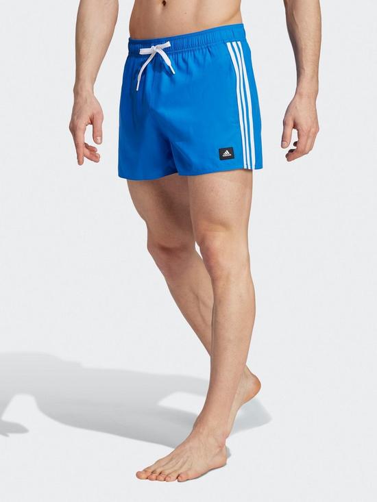 front image of adidas-3-stripe-swim-shorts-blue