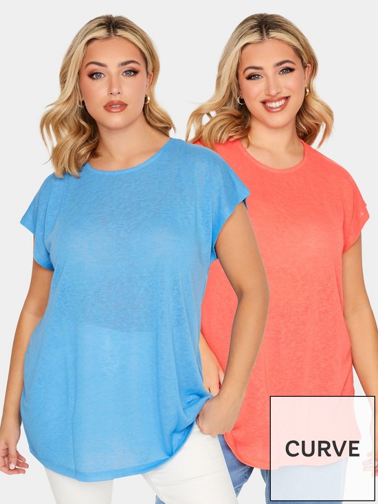 front image of yours-linen-look-t-shirt-2-pack-turquoisehot-pink