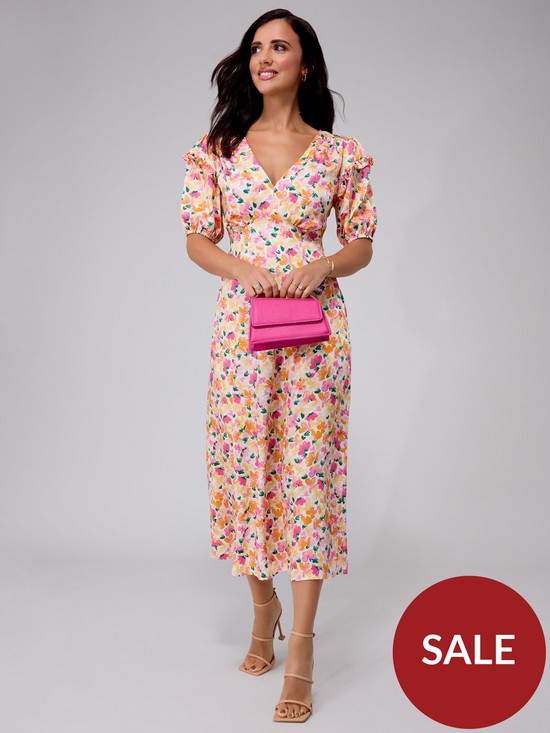 front image of lucy-mecklenburgh-printed-satin-short-sleeve-midi-dress-multi
