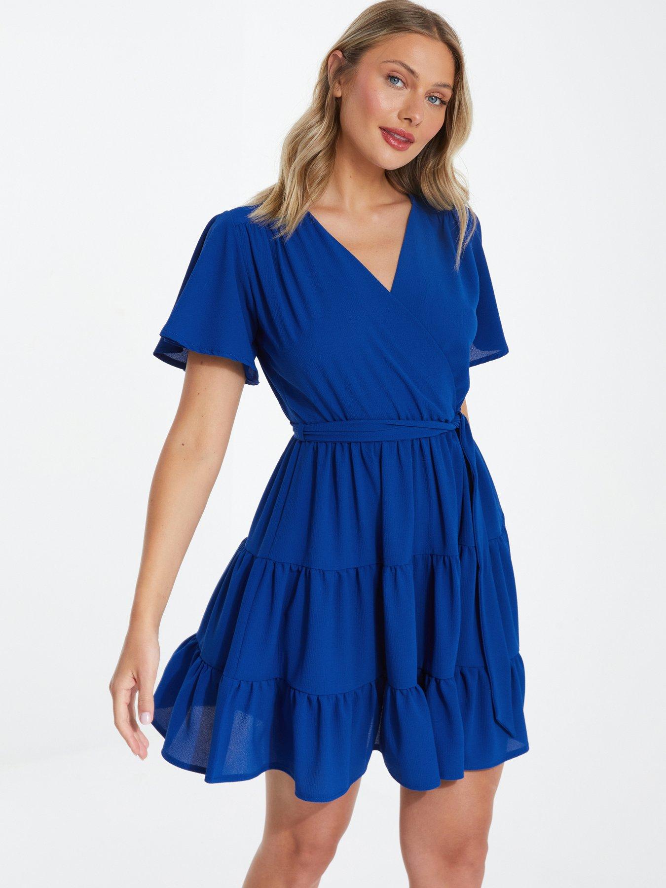 Quiz Wrap Skater Dress Bright Blue