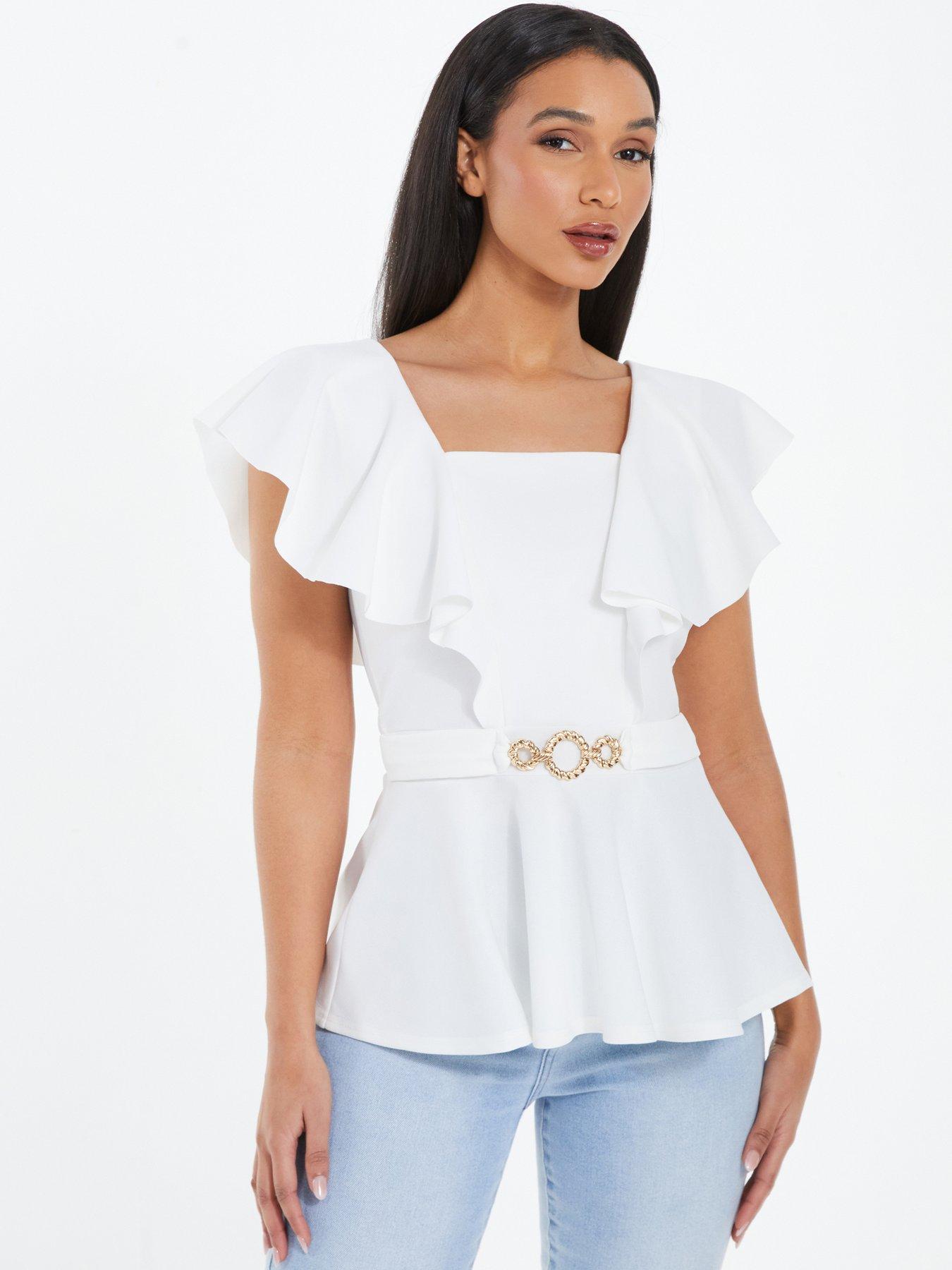 Frill Sleeve Buckle Peplum Top Cream