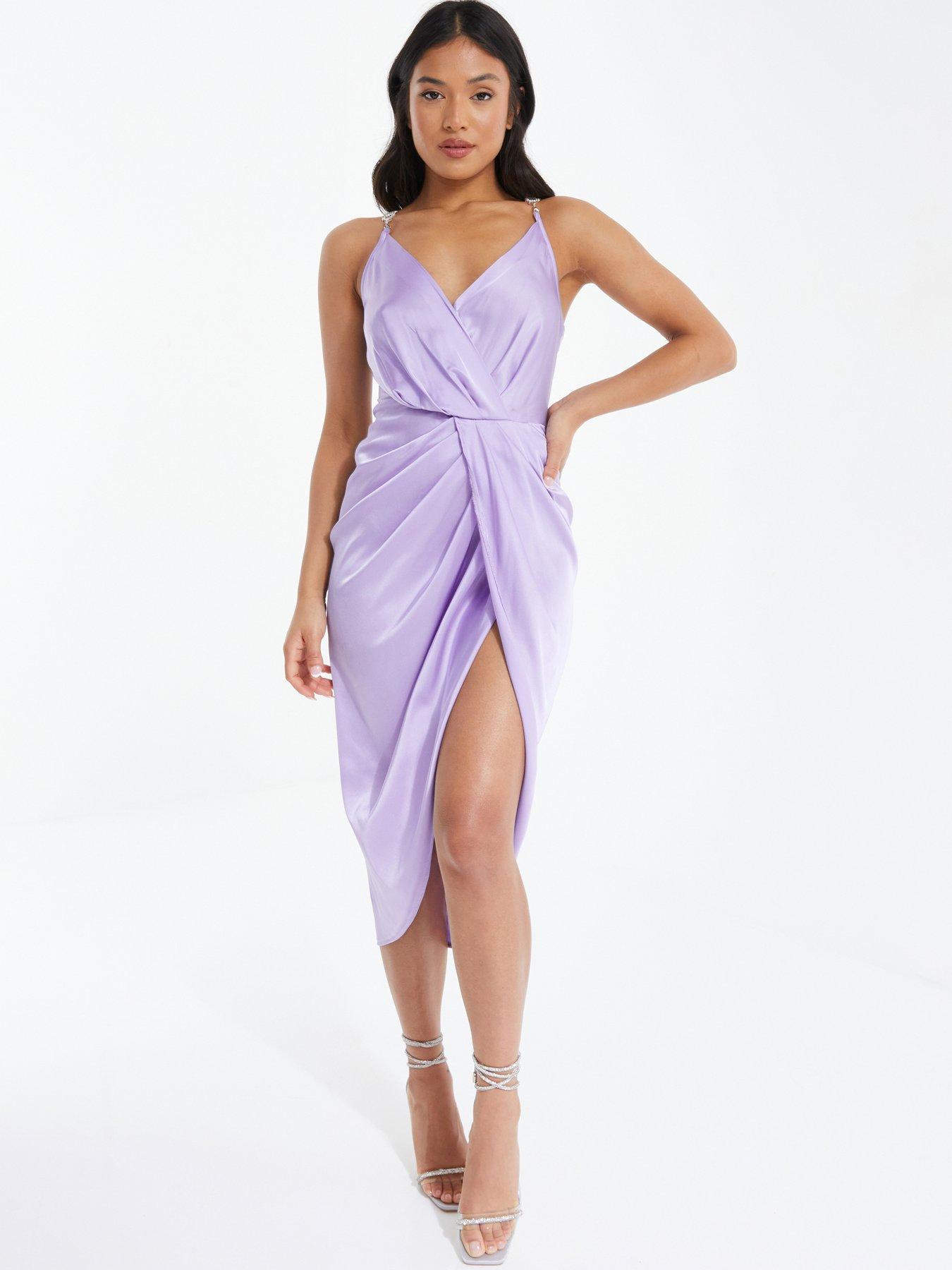 Quiz Petite Satin Diamante Ruched Midaxi Dress - Light Purple
