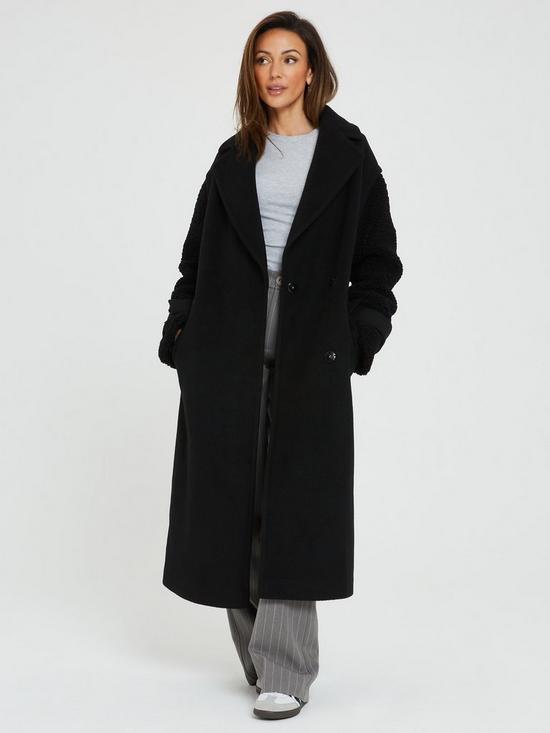 front image of michelle-keegan-boucle-sleeve-formal-longline-coat-black