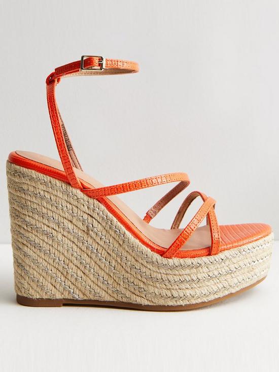front image of new-look-bright-orange-faux-croc-strappy-espadrille-wedge-heel-sandals