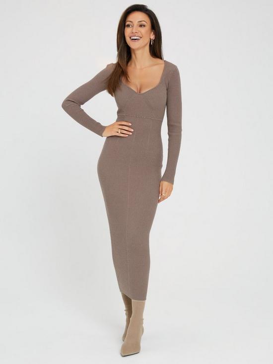 front image of michelle-keegan-sweetheart-seam-detail-knitted-dress-taupe