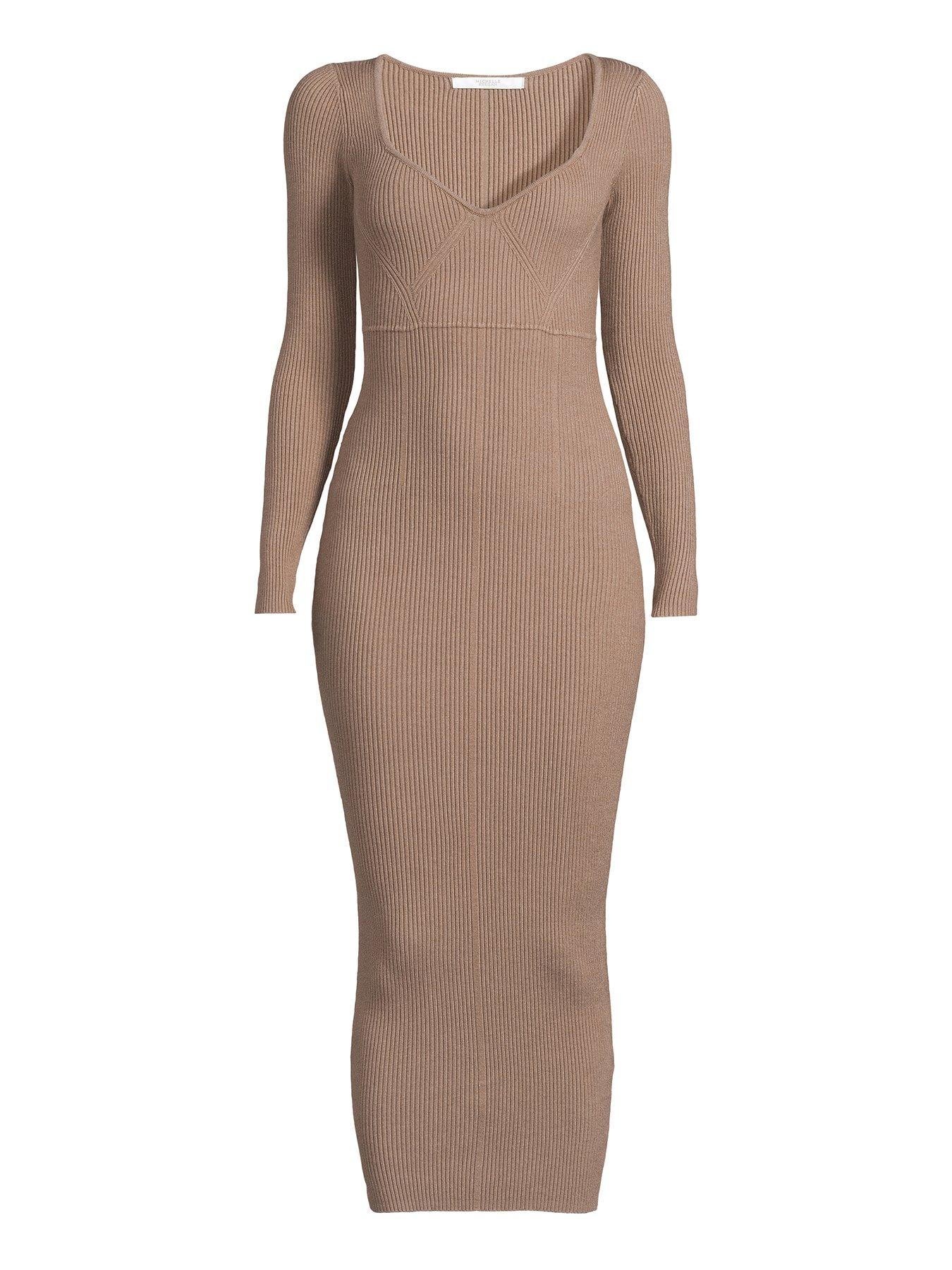  image of michelle-keegan-sweetheart-seam-detail-knitted-dress-taupe