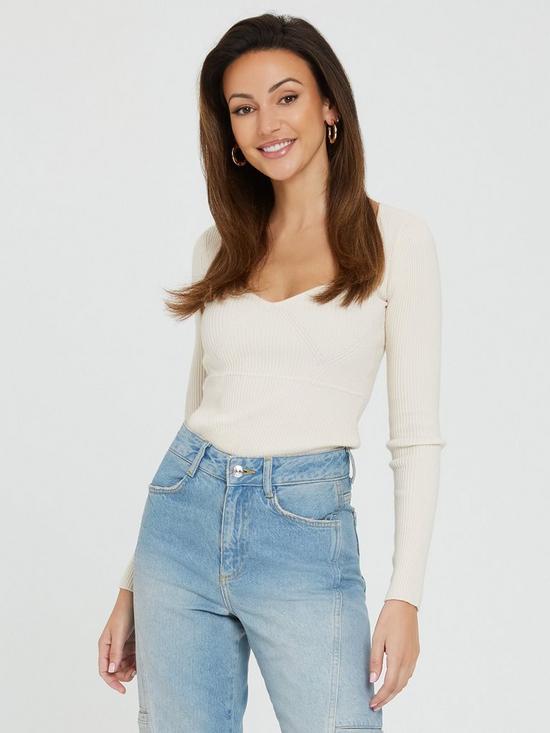 front image of michelle-keegan-sweetheart-seam-detail-long-sleeve-knit-top-cream
