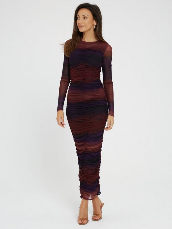 front image of michelle-keegan-printed-mesh-ruched-midi-dress-multi