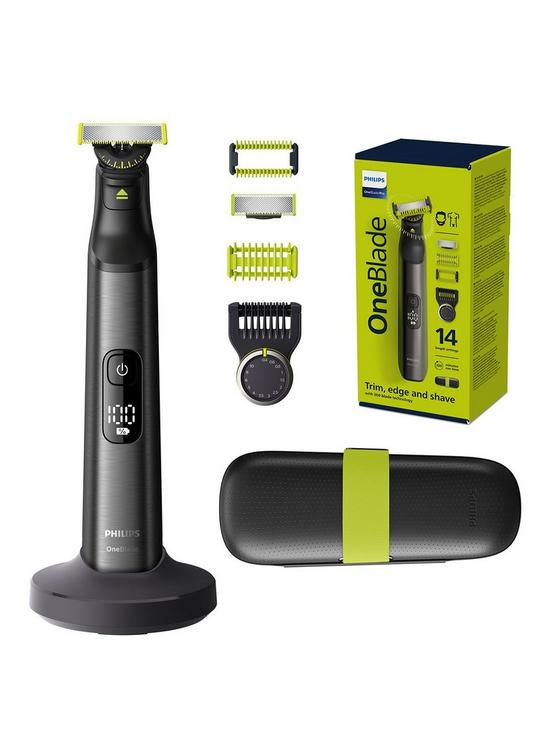 front image of philips-oneblade-pro-360-for-face-body-with-14-in-1-adjustable-comb-charging-stand-travel-case-trim-edge-shave-qp665130