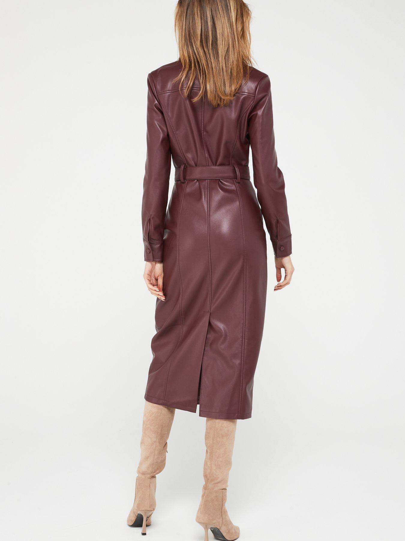 Fig & Basil X Carol Byrne Belted PU Midi Shirt Dress Burgundy
