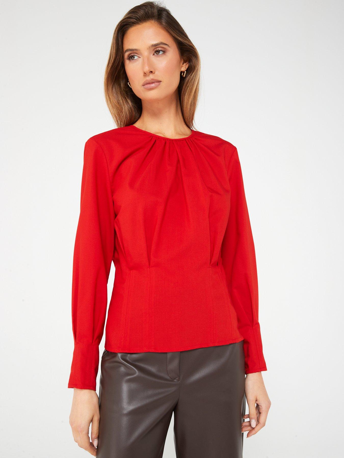 front image of fig-basil-long-sleevenbspgathered-neck-corset-blouse-red