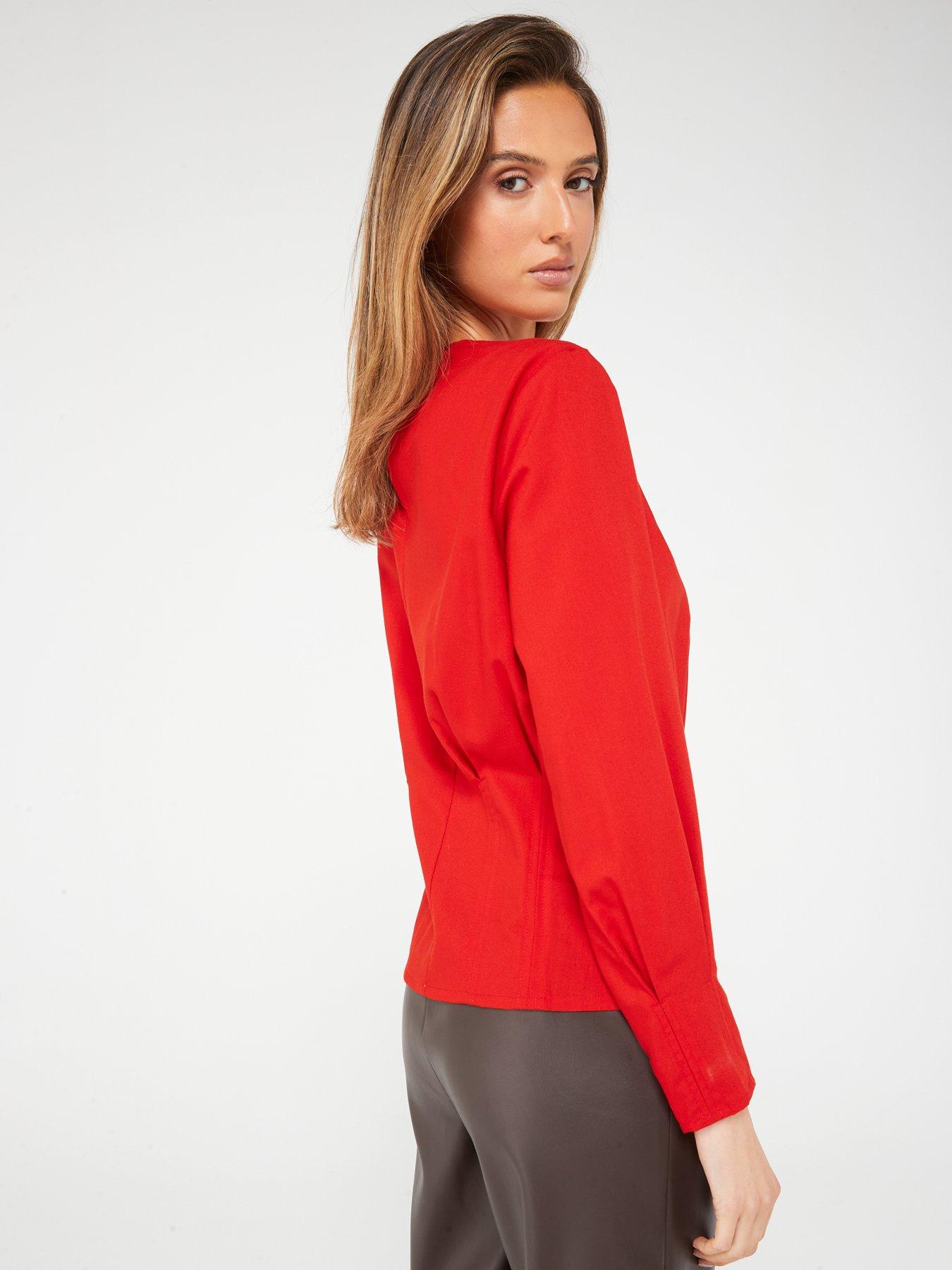  image of fig-basil-long-sleevenbspgathered-neck-corset-blouse-red