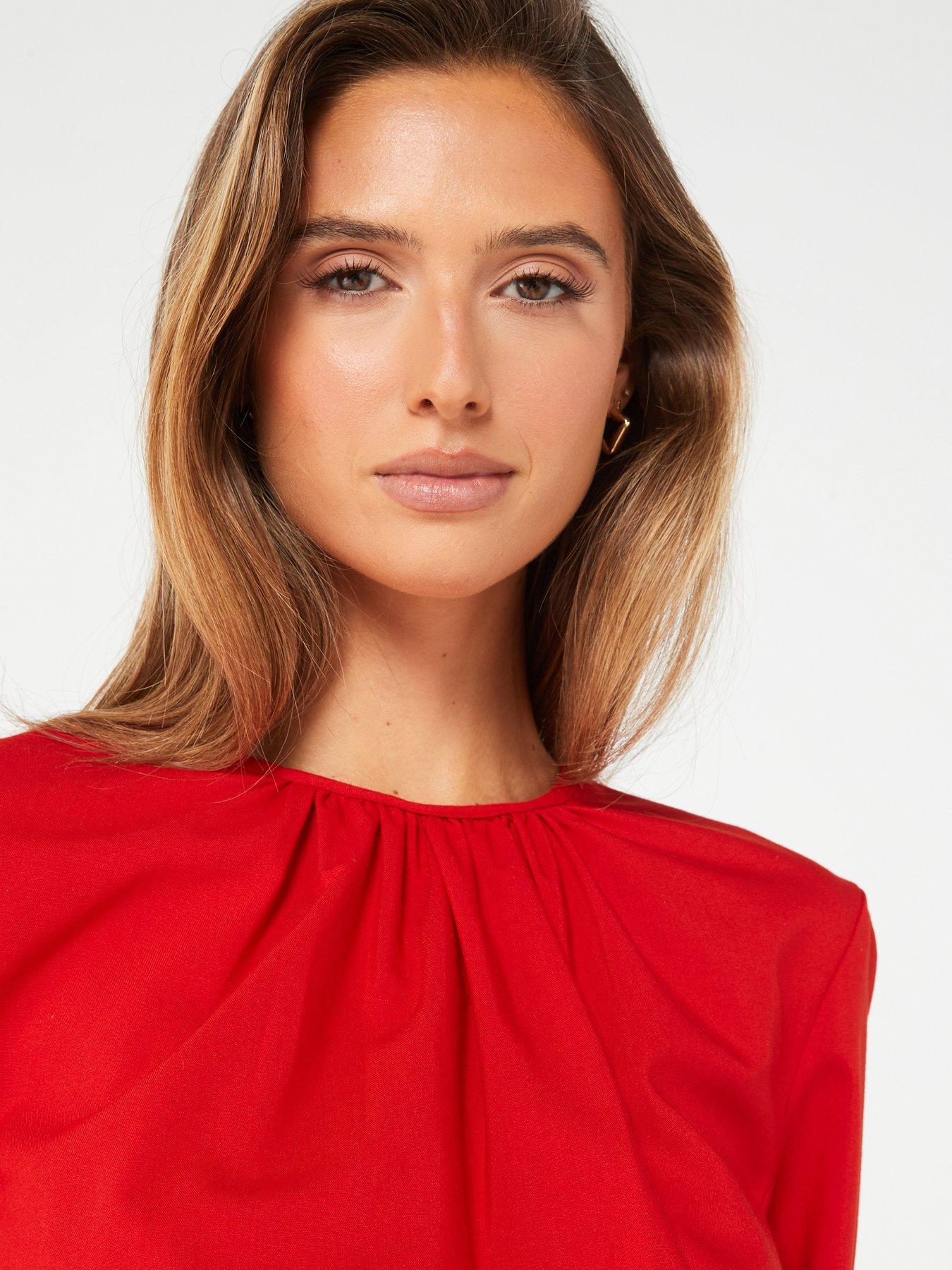  image of fig-basil-long-sleevenbspgathered-neck-corset-blouse-red