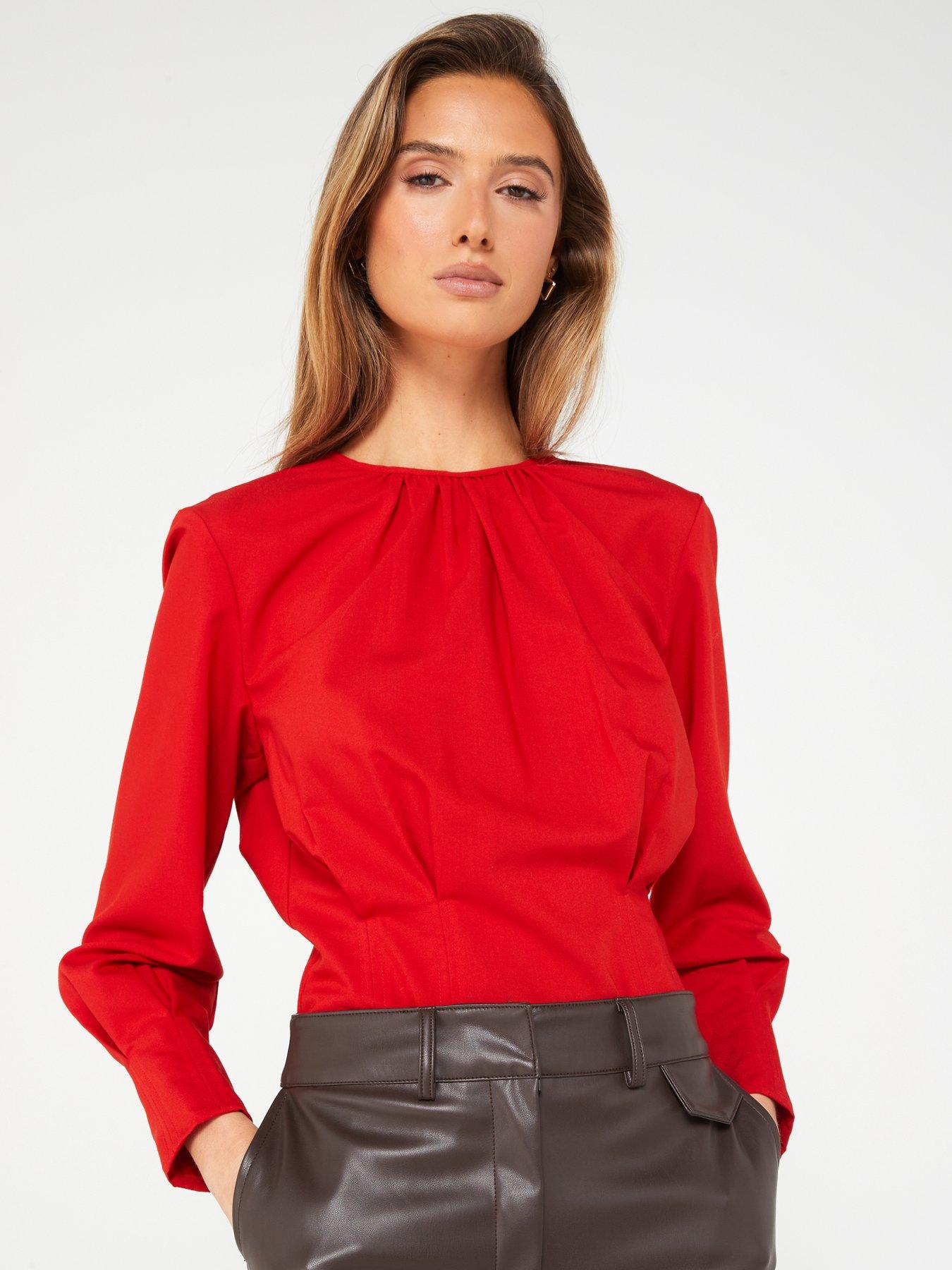  image of fig-basil-long-sleevenbspgathered-neck-corset-blouse-red