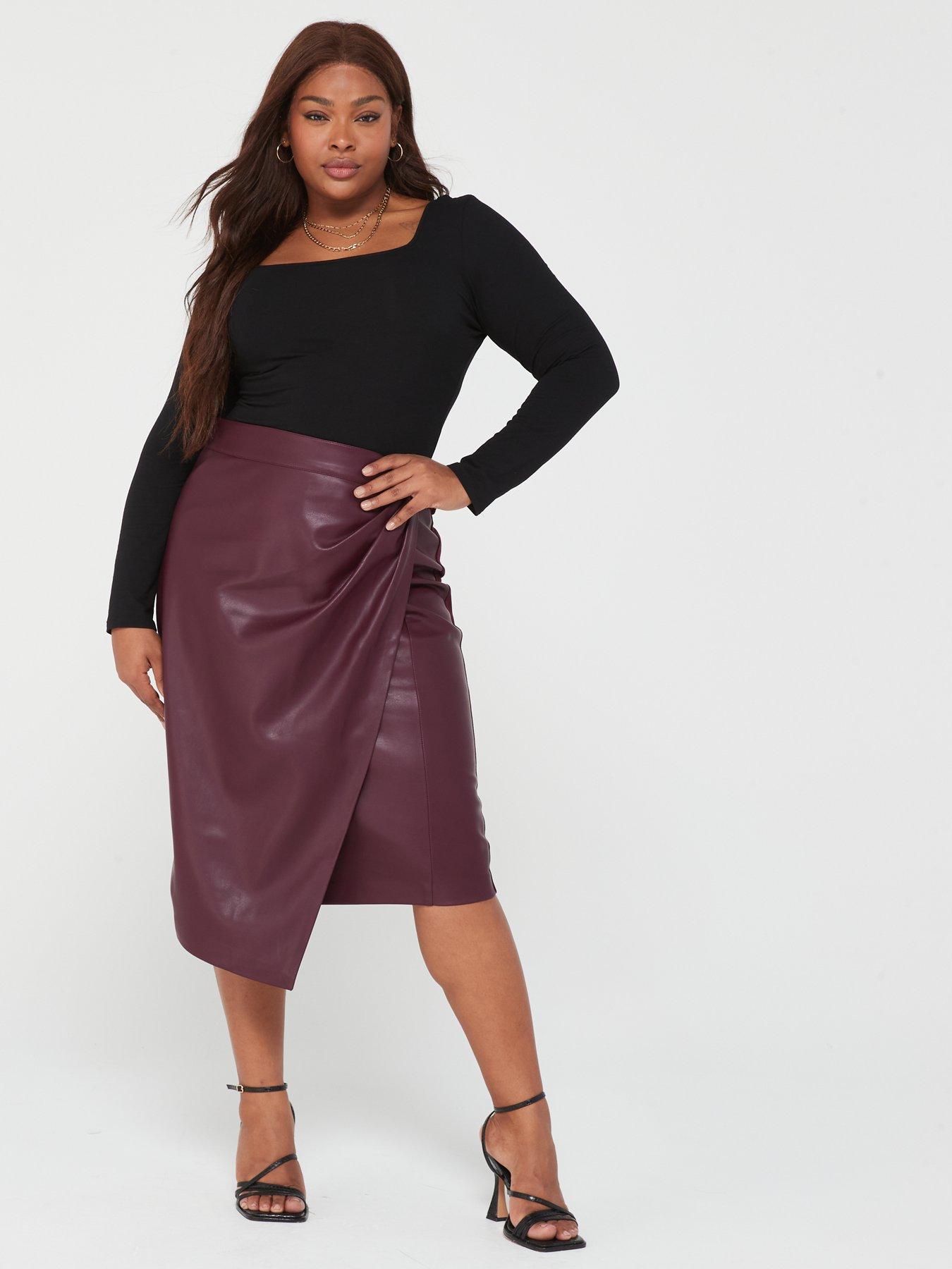 V by Very Curve Faux Leather Wrap Detail Midi Skirt Brown littlewoods