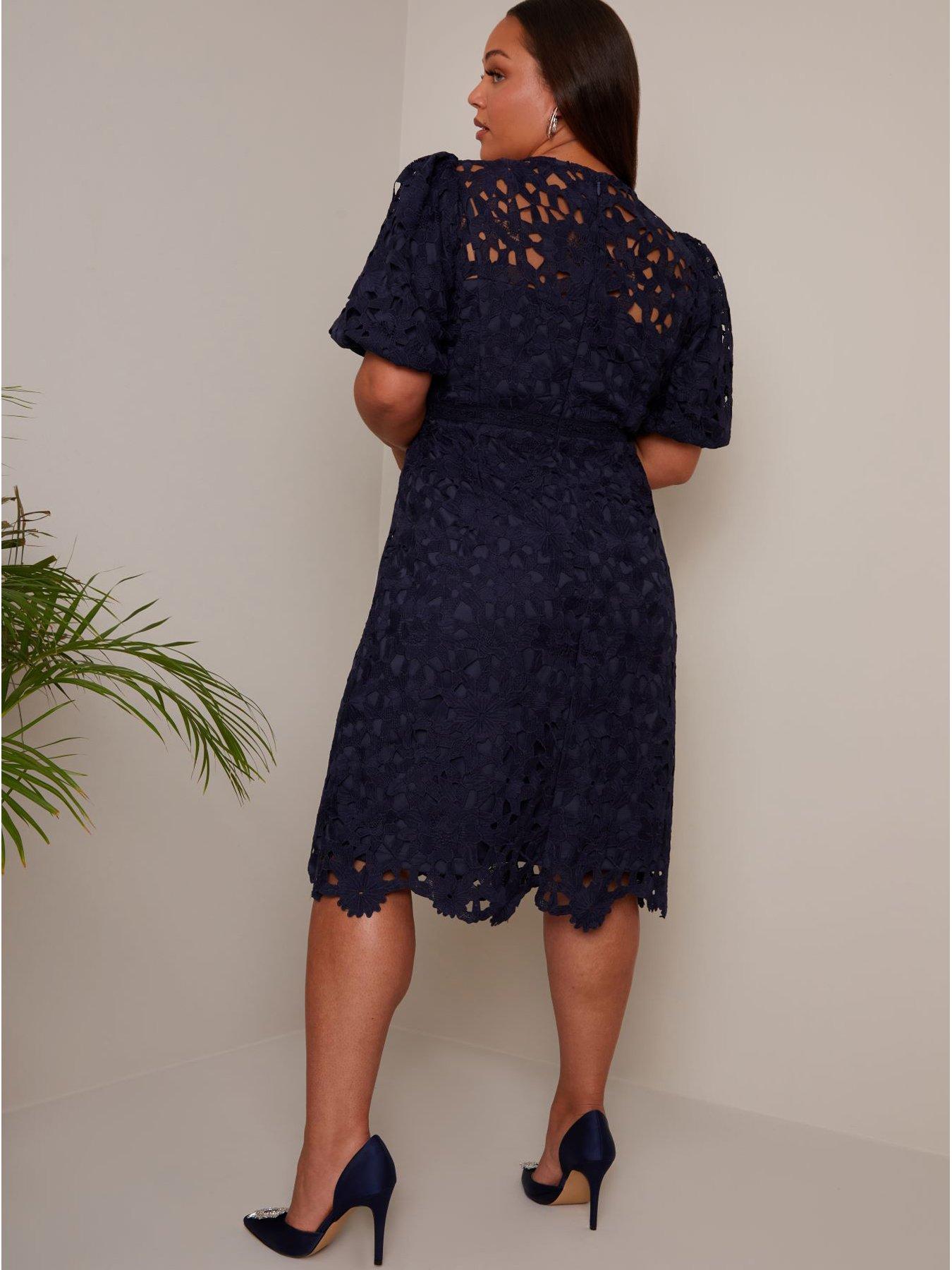 Puff Sleeve Premium Lace Midi Dress in Blue – Chi Chi London