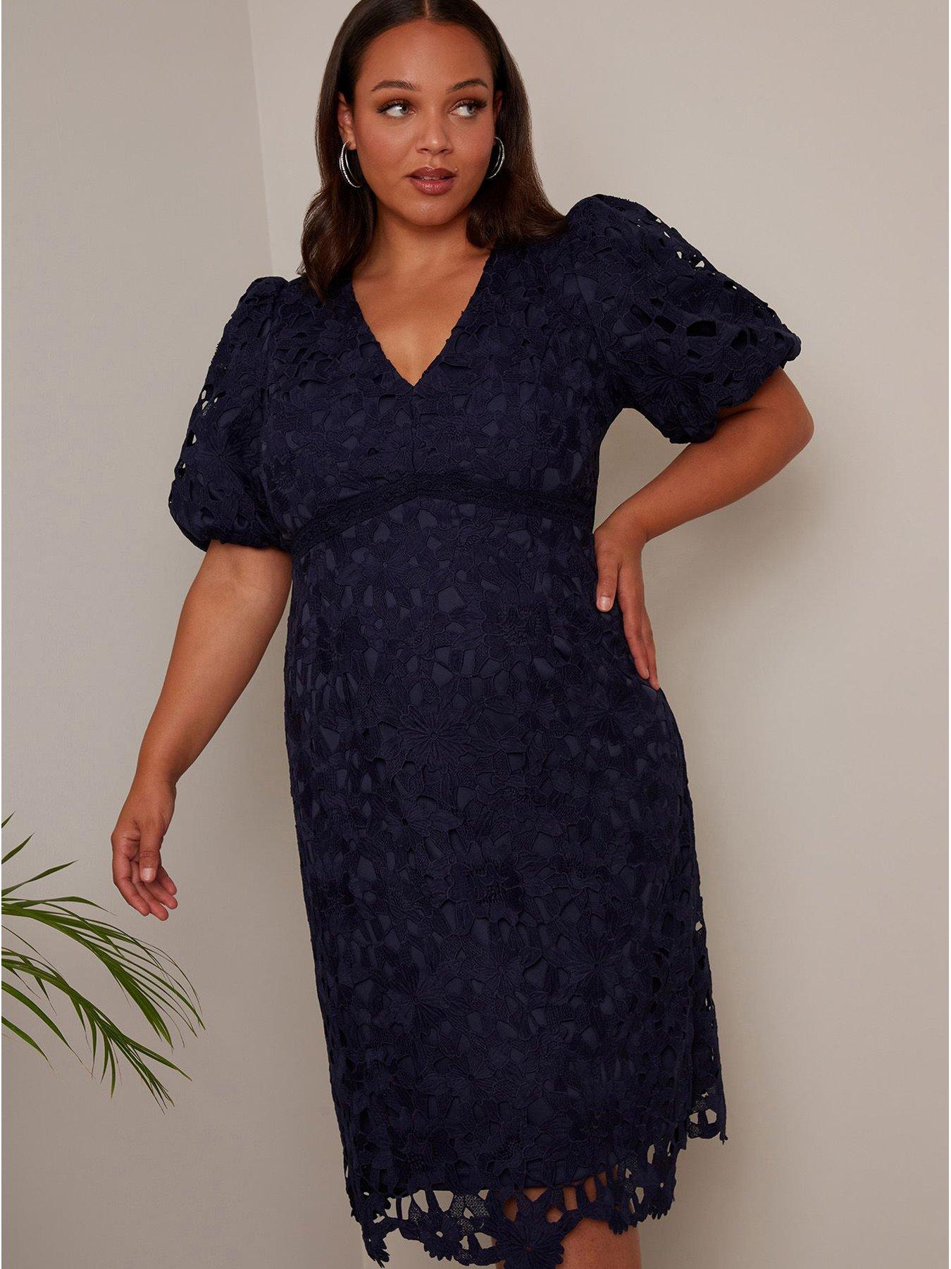 Puff Sleeve Premium Lace Midi Dress in Blue – Chi Chi London