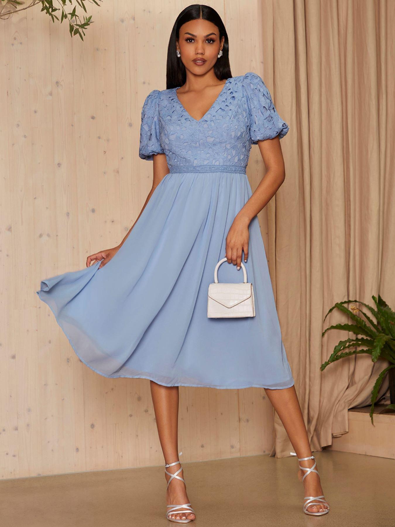 Puff Sleeve Premium Lace Midi Dress in Blue