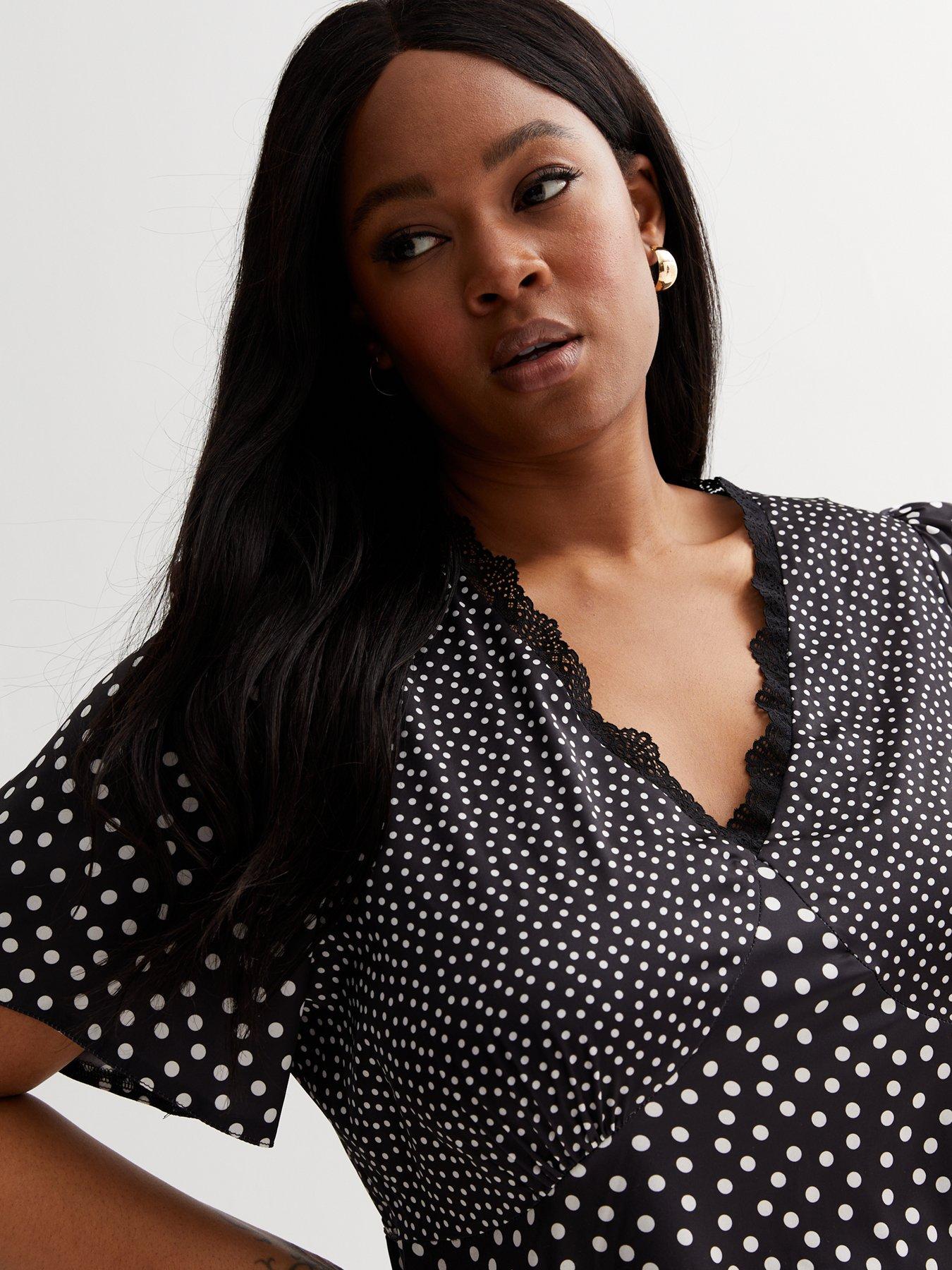  image of new-look-black-spot-lace-trim-satin-midi-dress