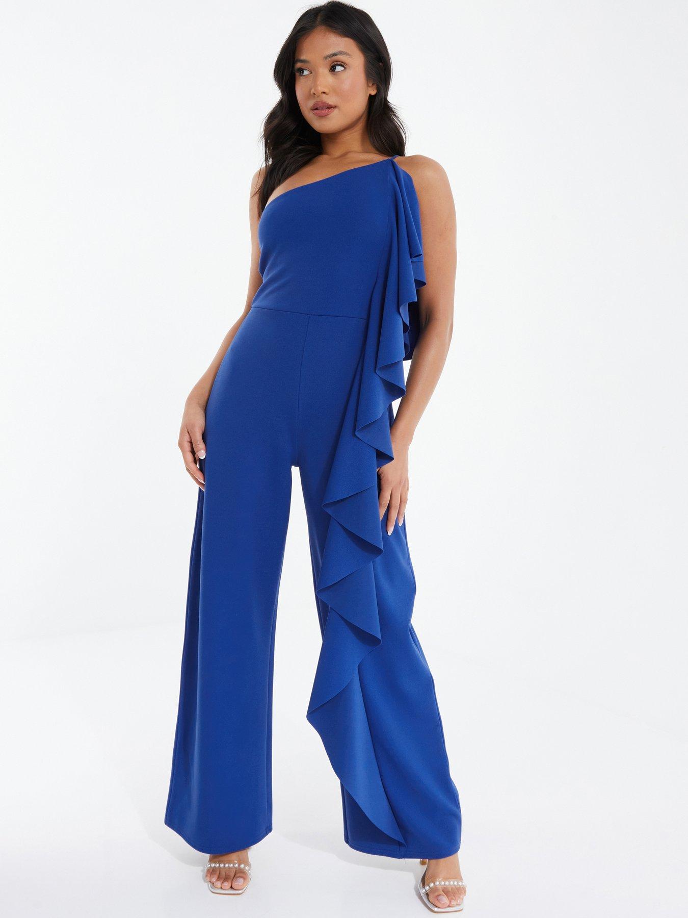 Petite Blue Frill Sleeve Palazzo Jumpsuit