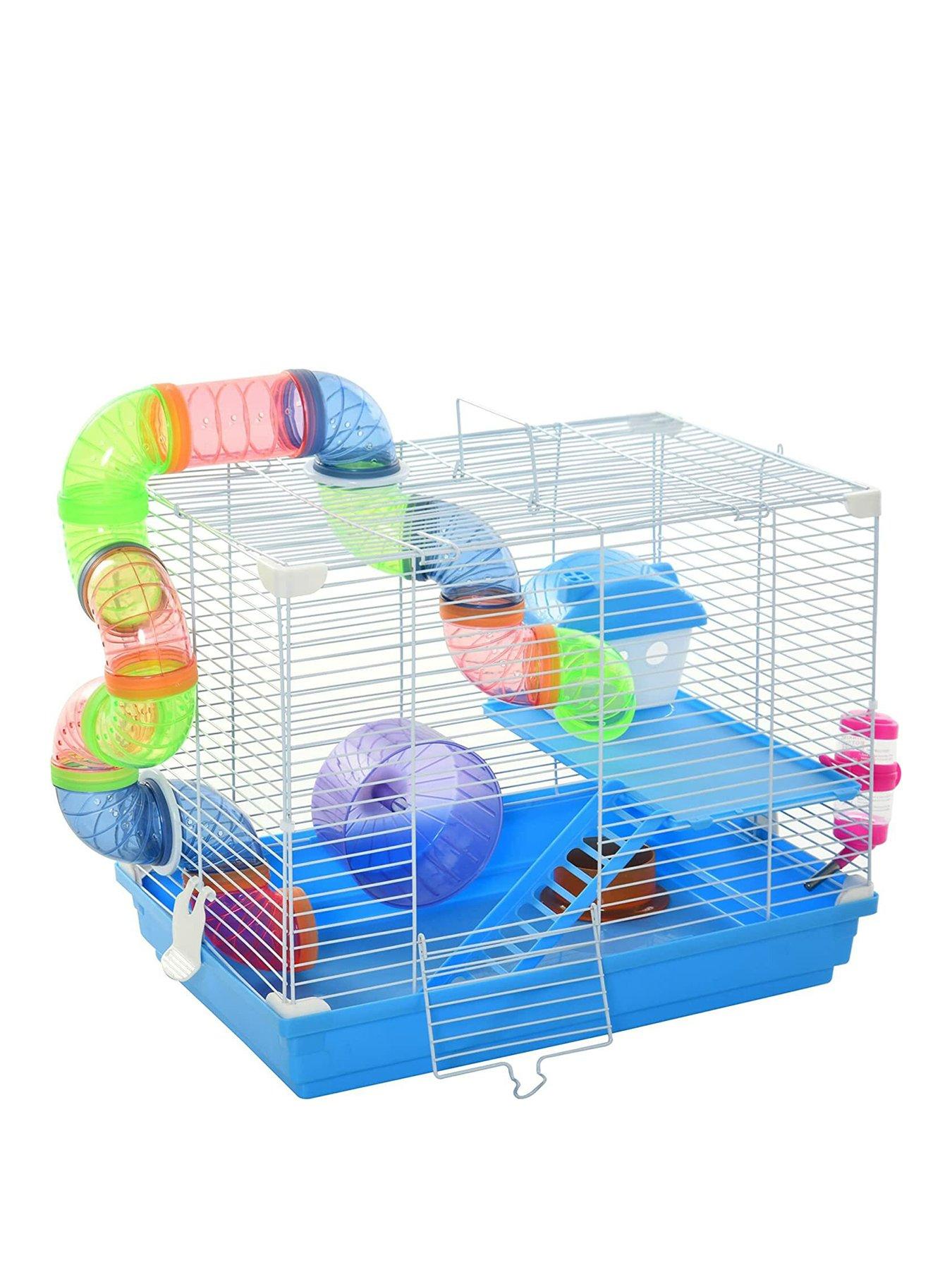 Image showcasing PawHut Hamster Cage Carrier Small Animal House with Exercise Wheels ...