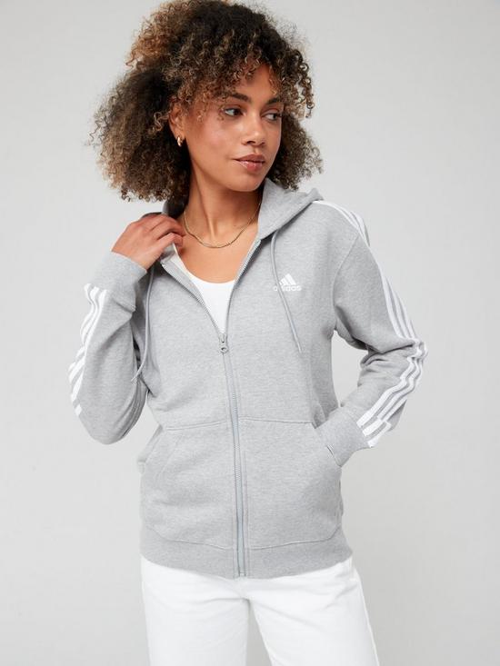 front image of adidas-sportswear-essentials-3-stripes-french-terry-regular-full-zip-hoodie-grey