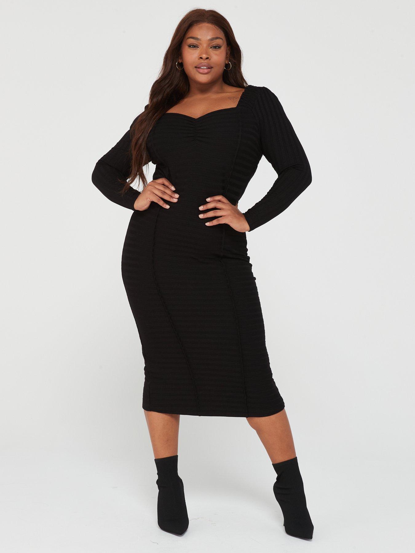 V by Very Curve Contour Shaping Rib Midi Dress Black littlewoods