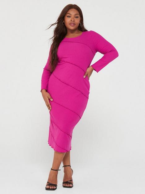 v-by-very-curve-long-sleeve-seam-detail-rib-midi-dress-pink