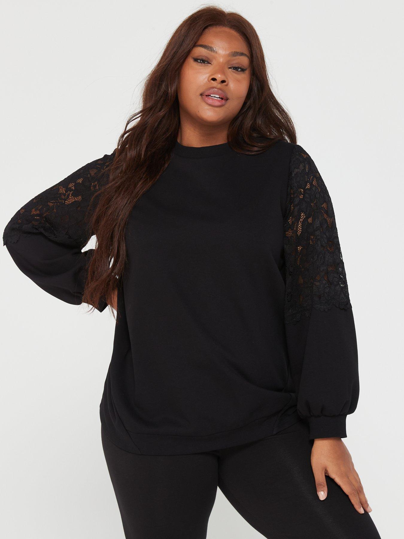 V by Very Curve Lace Sleeve Crew Neck Sweatshirt Black littlewoods