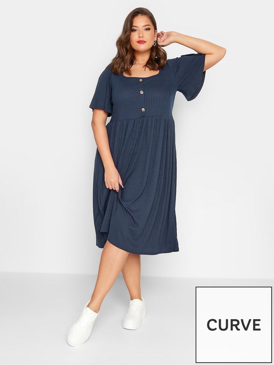 front image of yours-rib-square-neck-dress-angel-sleeve--nbspnavy