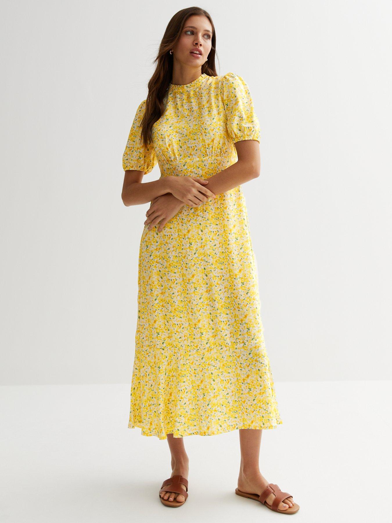  image of new-look-yellow-ditsy-floral-puff-sleeve-midi-dress