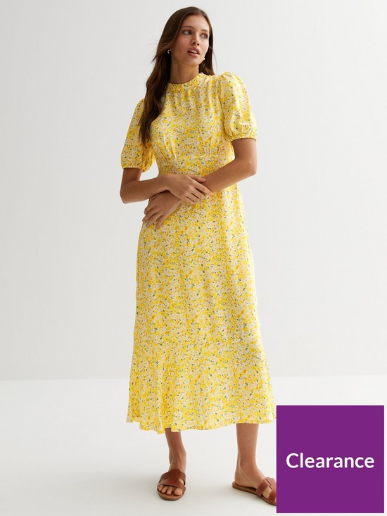 front image of new-look-yellow-ditsy-floral-puff-sleeve-midi-dress