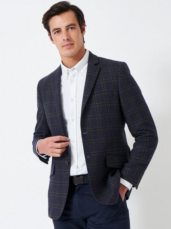front image of crew-clothing-wool-check-blazer-navy
