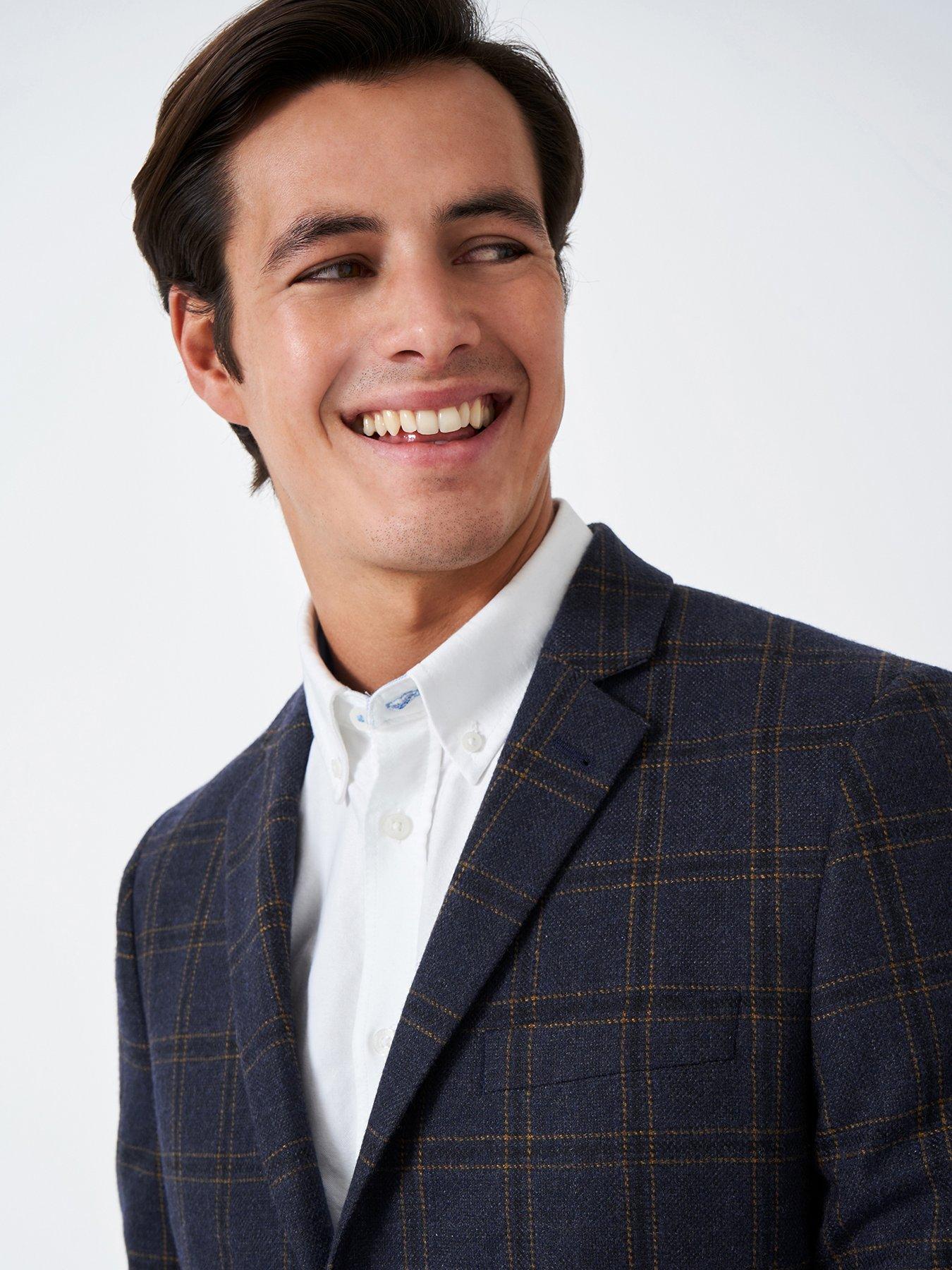  image of crew-clothing-wool-check-blazer-navy