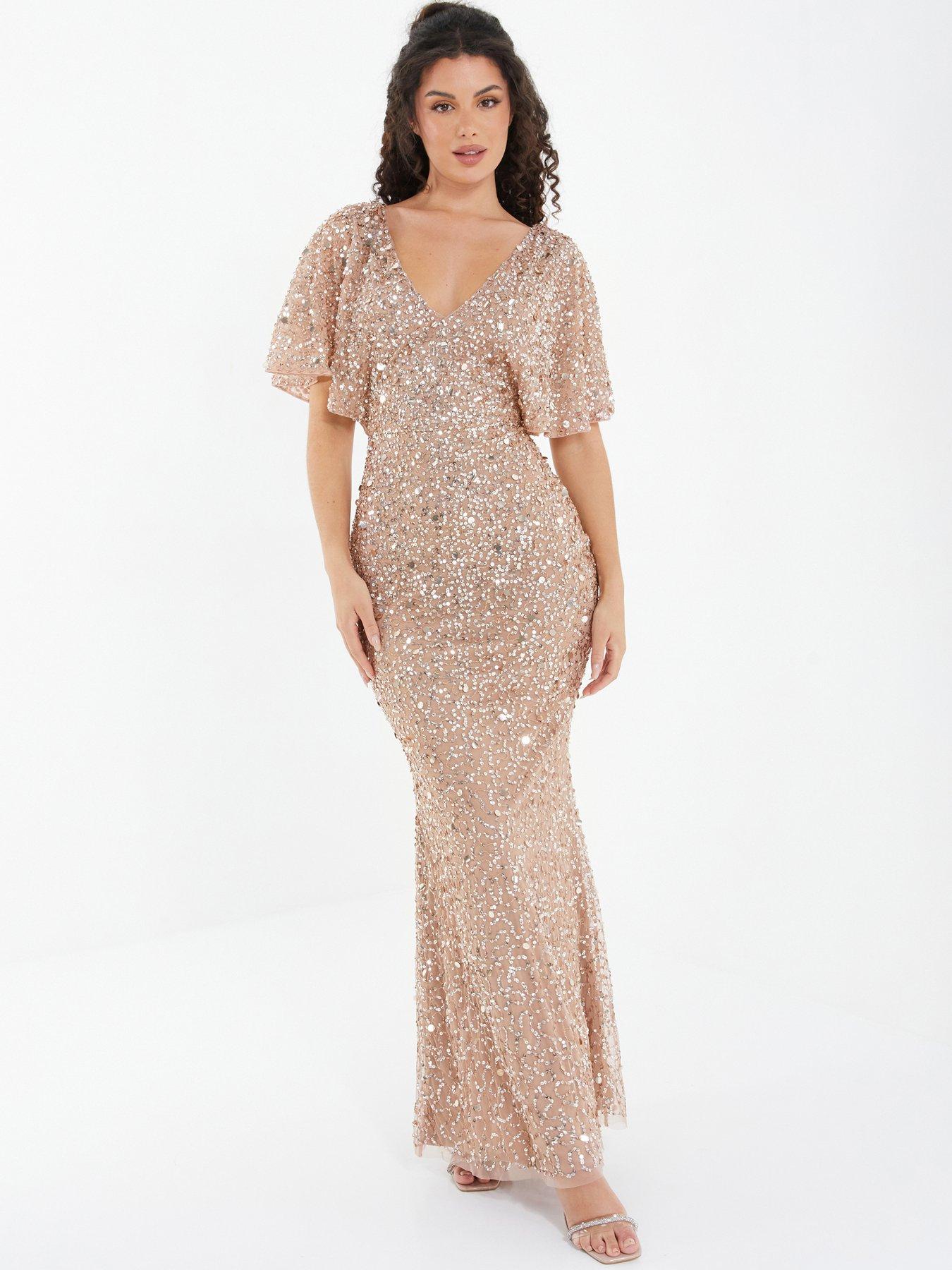 Quiz Sequin Batwing Maxi Dress Light Beige 5476