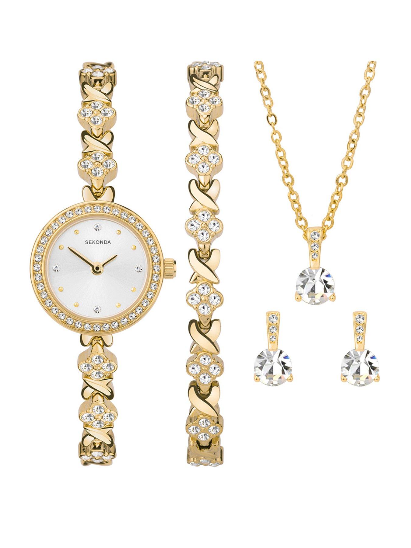 undefined Womens Gold Alloy Bracelet Watch with Silver Dial Gift Set