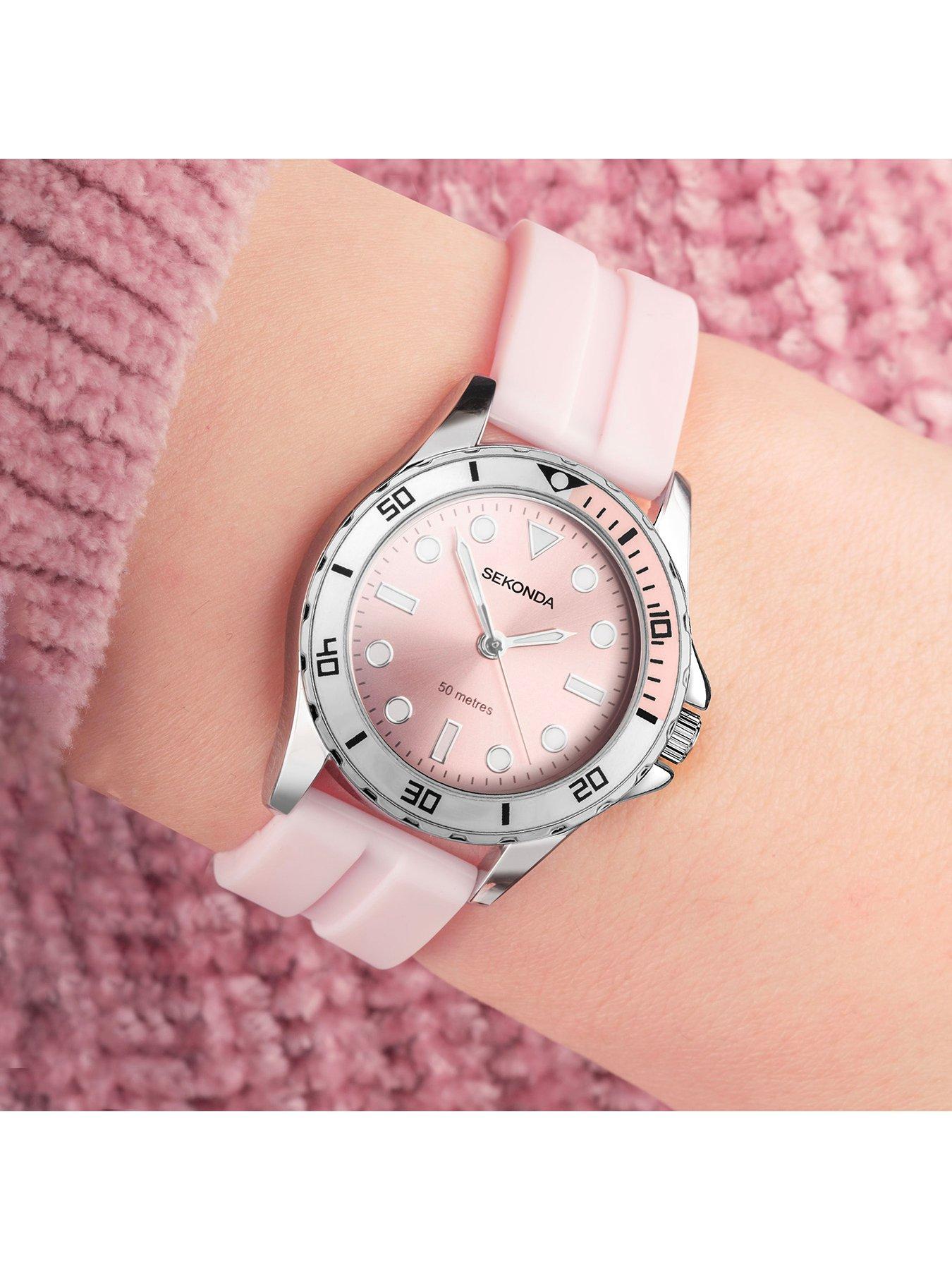 Womens Pink Rubber Strap Analogue Watch