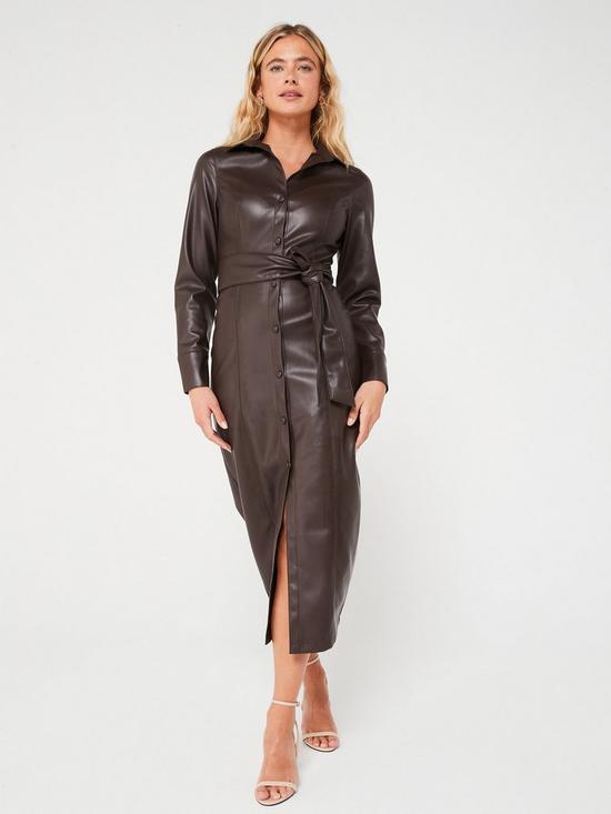 front image of v-by-very-long-sleeve-pu-wrap-over-belted-midi-dress-brown