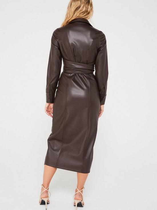 stillFront image of v-by-very-long-sleeve-pu-wrap-over-belted-midi-dress-brown