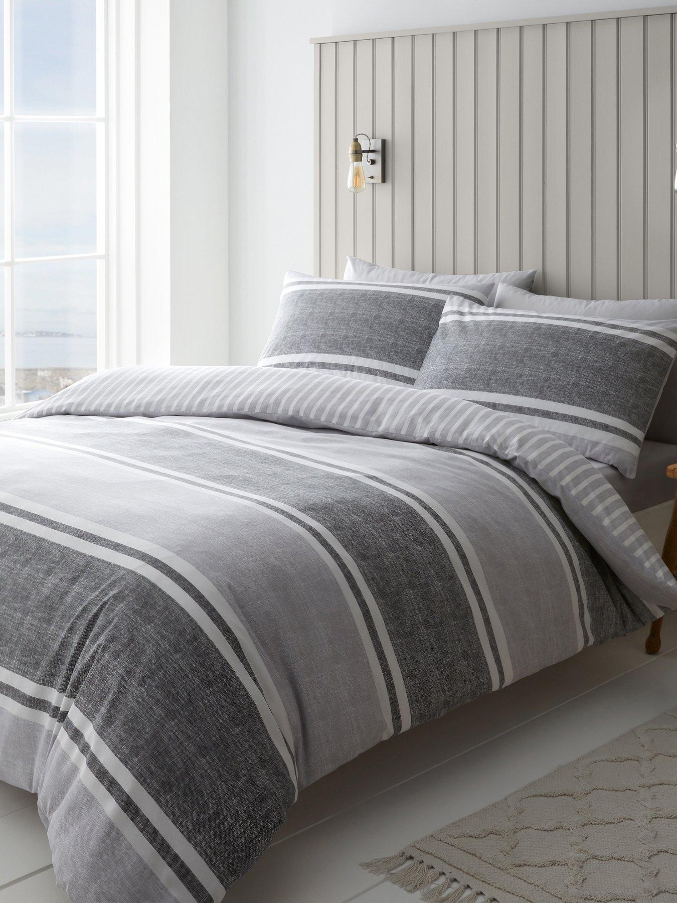 Catherine Lansfield Textured Banded Stripe Duvet Cover Set - Charcoal