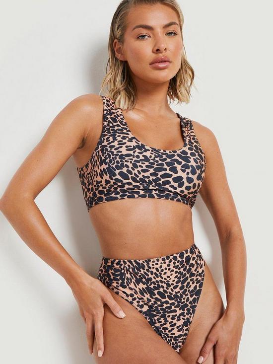 front image of boohoo-leopard-print-high-waisted-bikini-set-brown