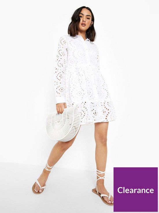 front image of boohoo-broderie-tiered-shirt-dress-white