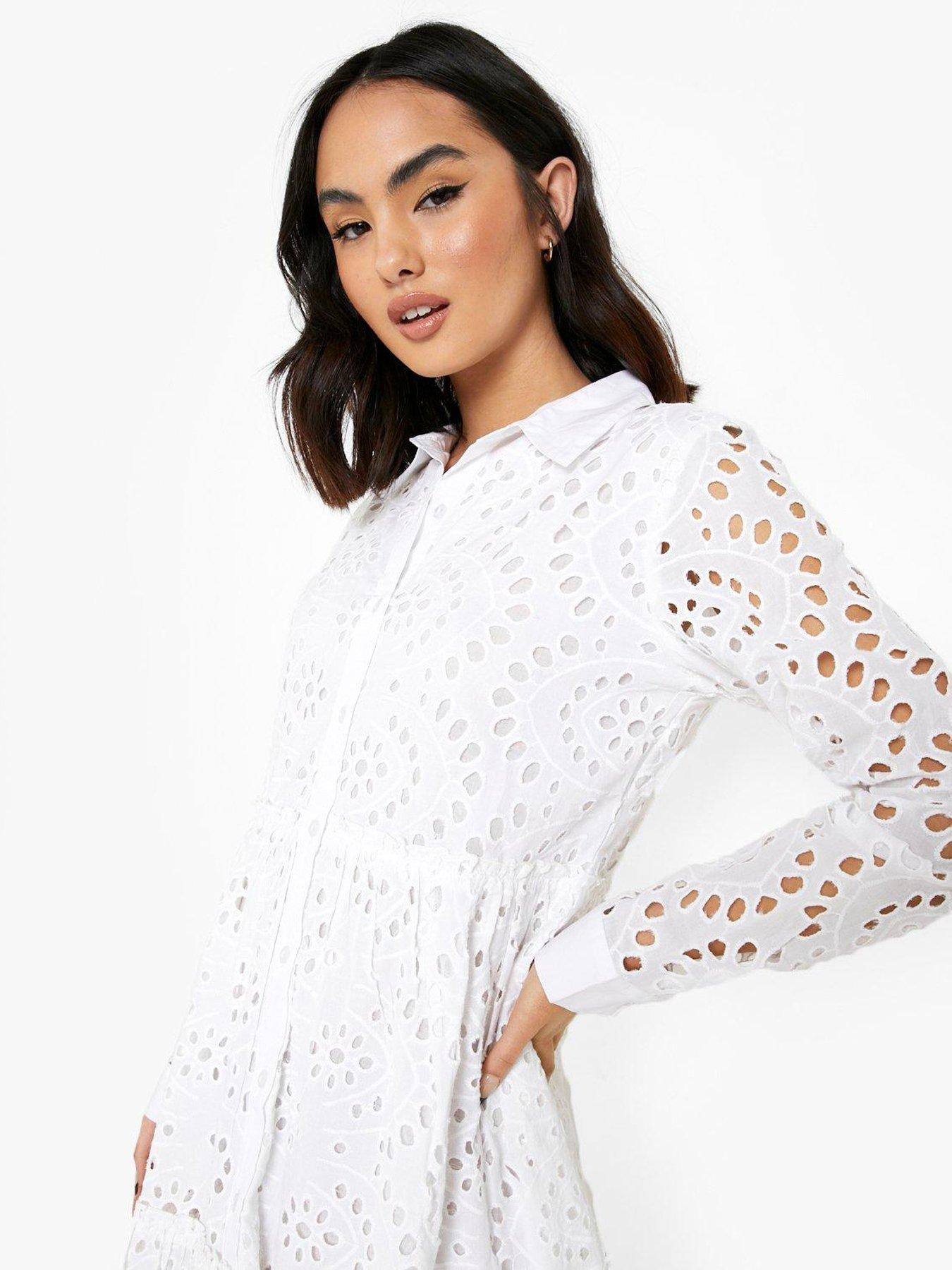  image of boohoo-broderie-tiered-shirt-dress-white