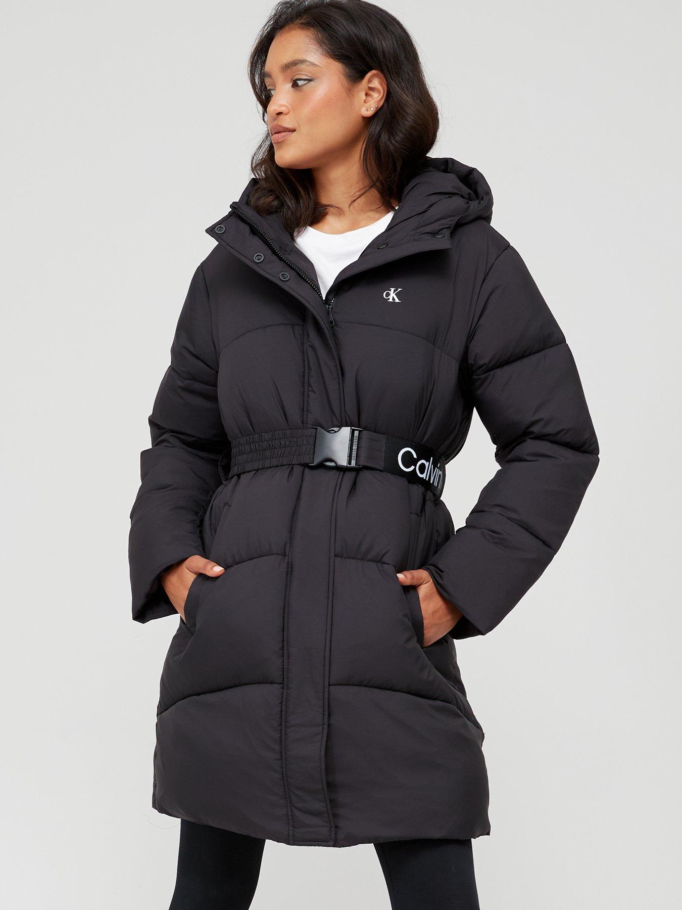 Calvin klein belted hooded maxi outlet coat