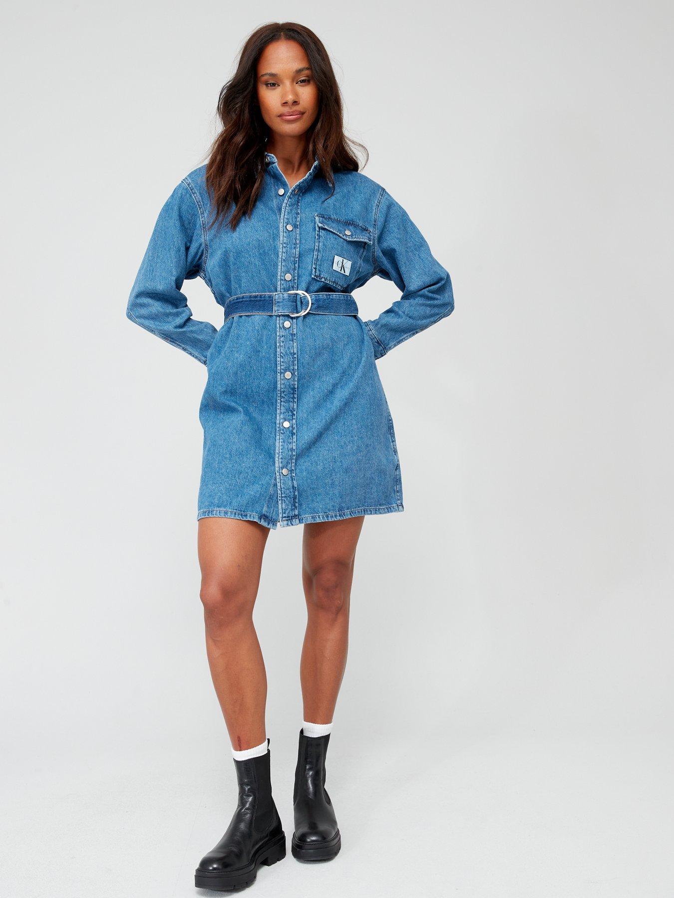 Belted Long Sleeve Utility Denim Shirt Dress Blue